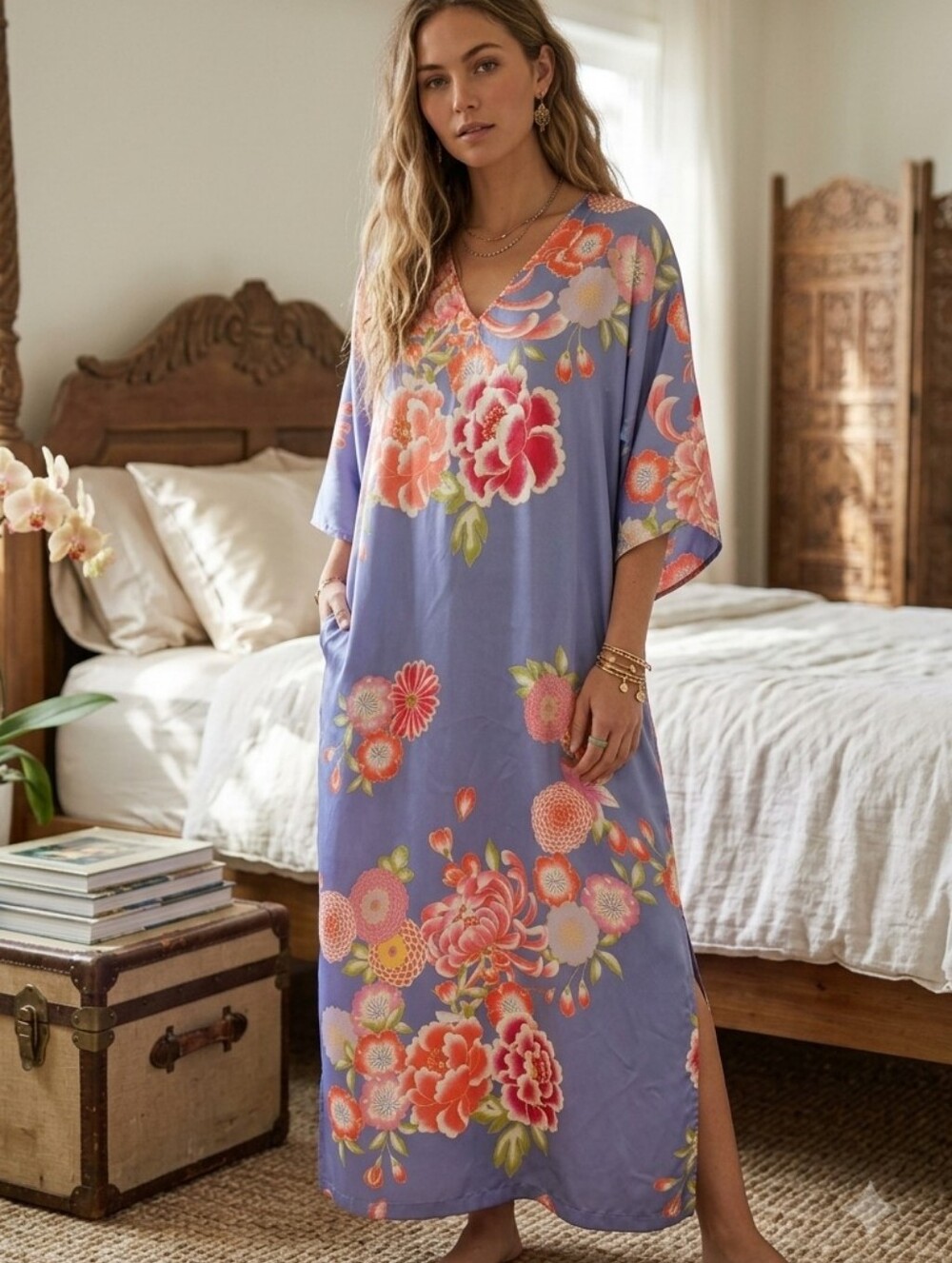 Natori Satin Floral Caftan Lounger Kimono Chinoiserie Boho Boudoir Maximalist